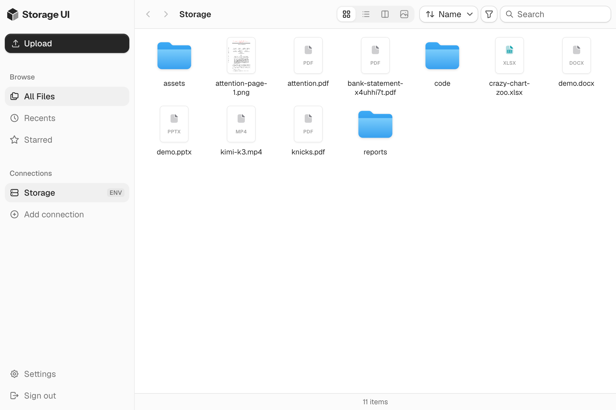 Storage UI home screen